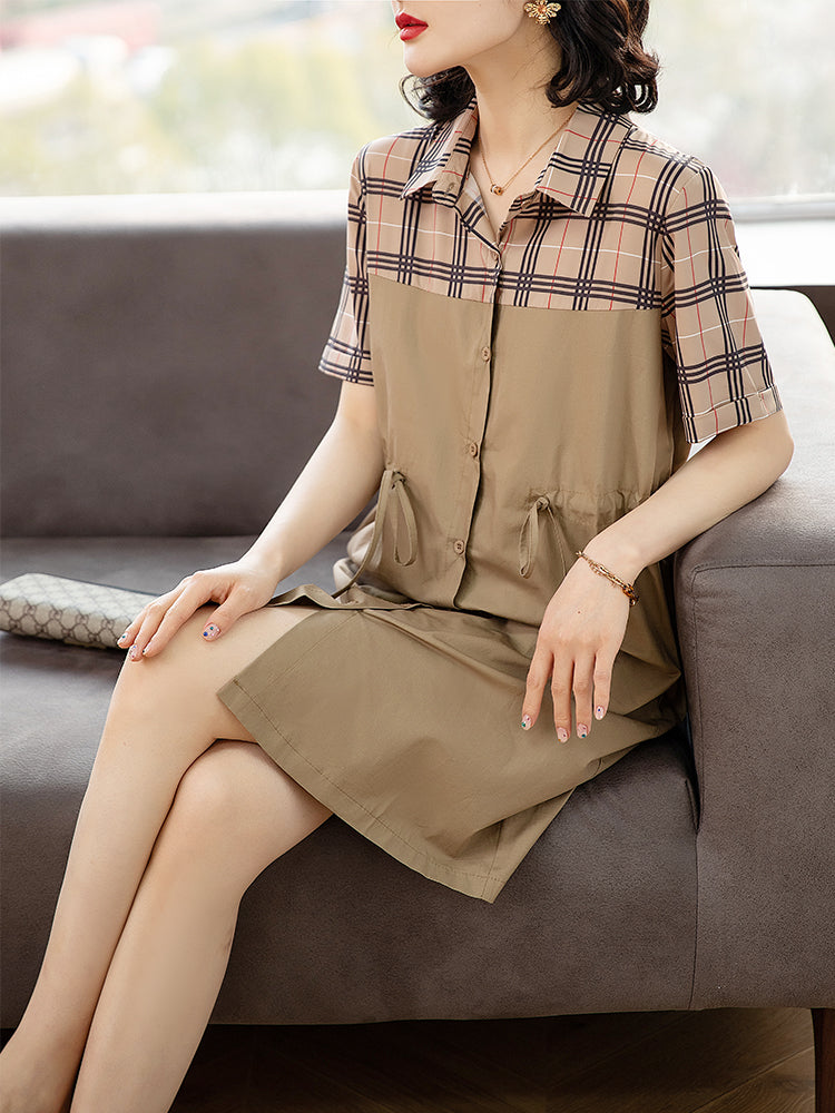 Plus Size Khaki Checks Colour Block Shirt Dress