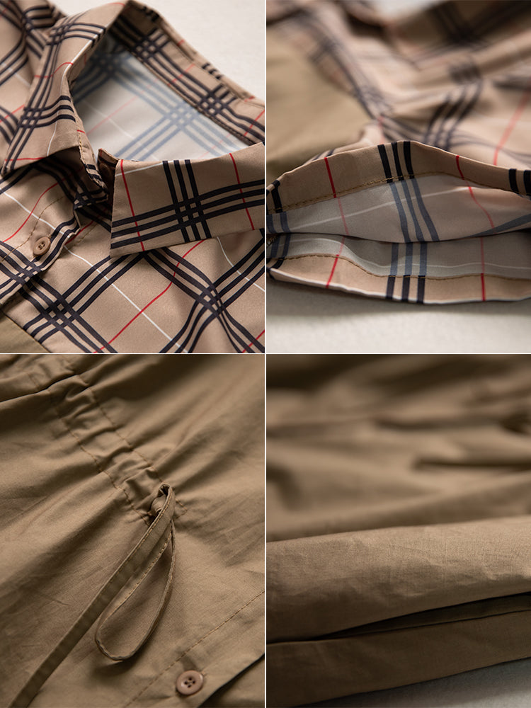 Plus Size Khaki Checks Colour Block Shirt Dress