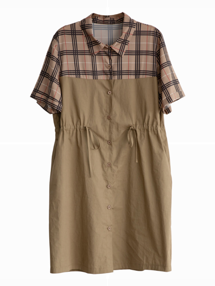 Plus Size Khaki Checks Colour Block Shirt Dress