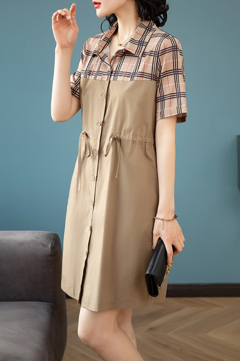 Plus Size Khaki Checks Colour Block Shirt Dress