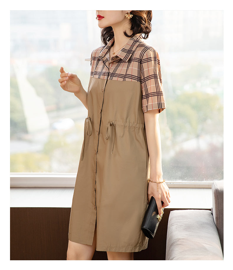 Plus Size Khaki Checks Colour Block Shirt Dress