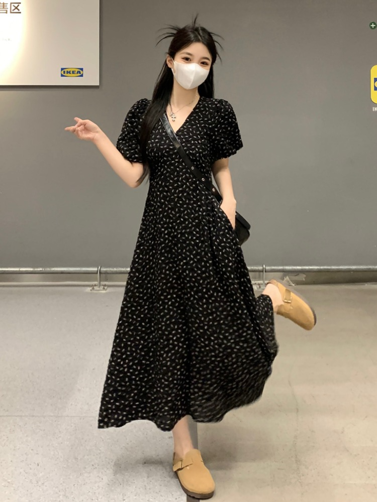 Plus Size Korean Black V Neck Midi Dress