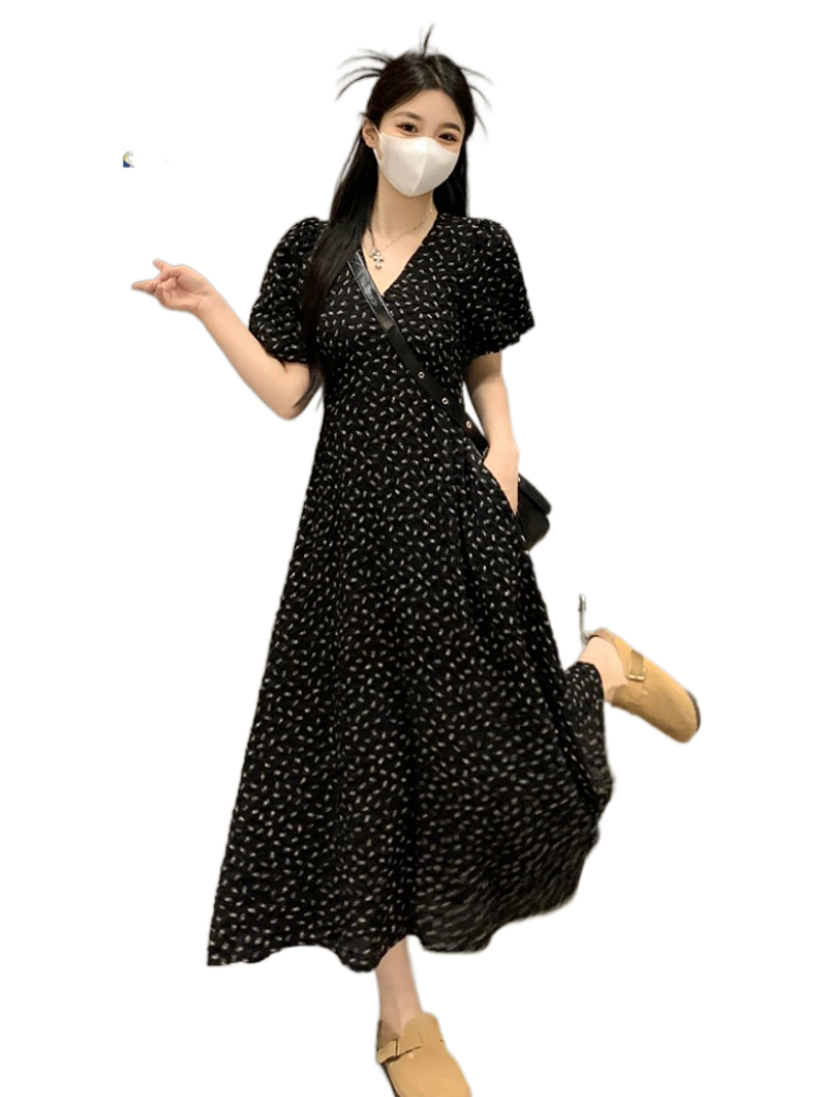 Plus Size Korean Black V Neck Midi Dress