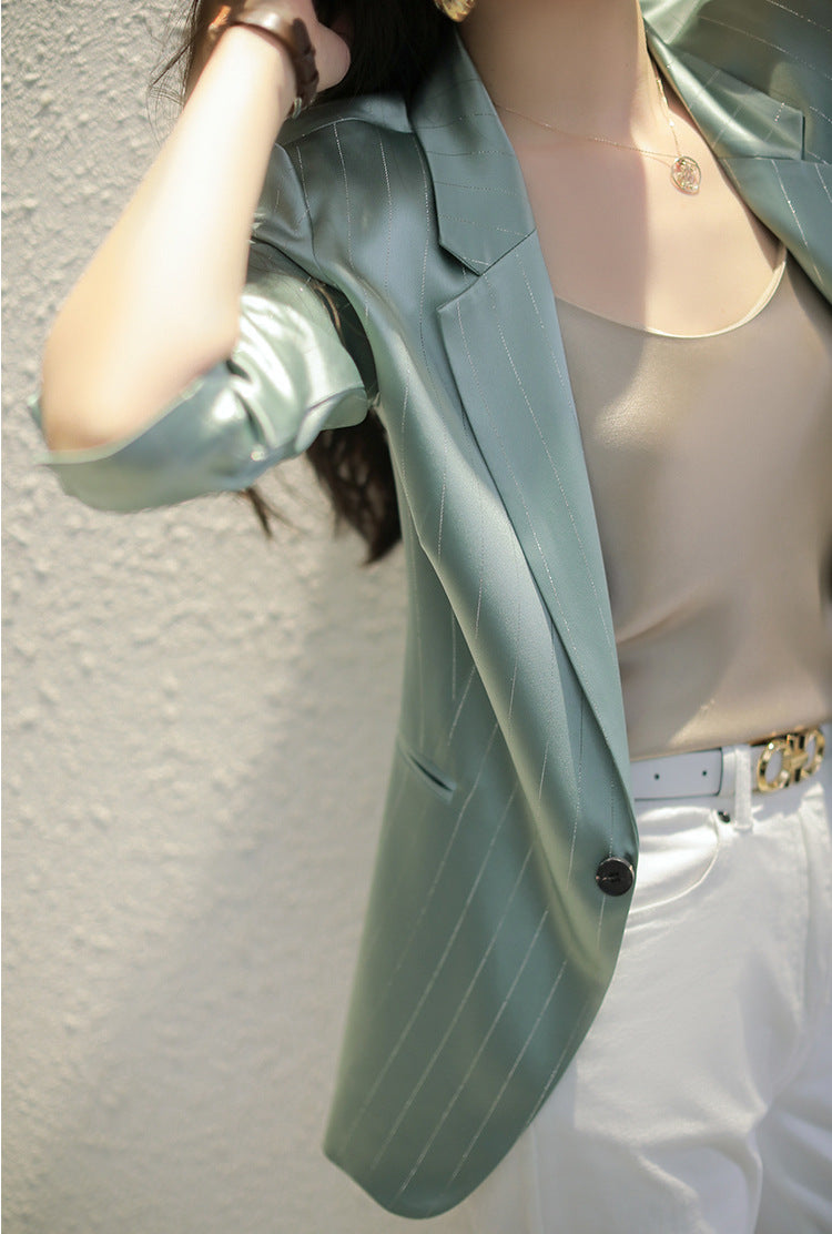 Plus Size Korean Shimmer Stripe Blazer