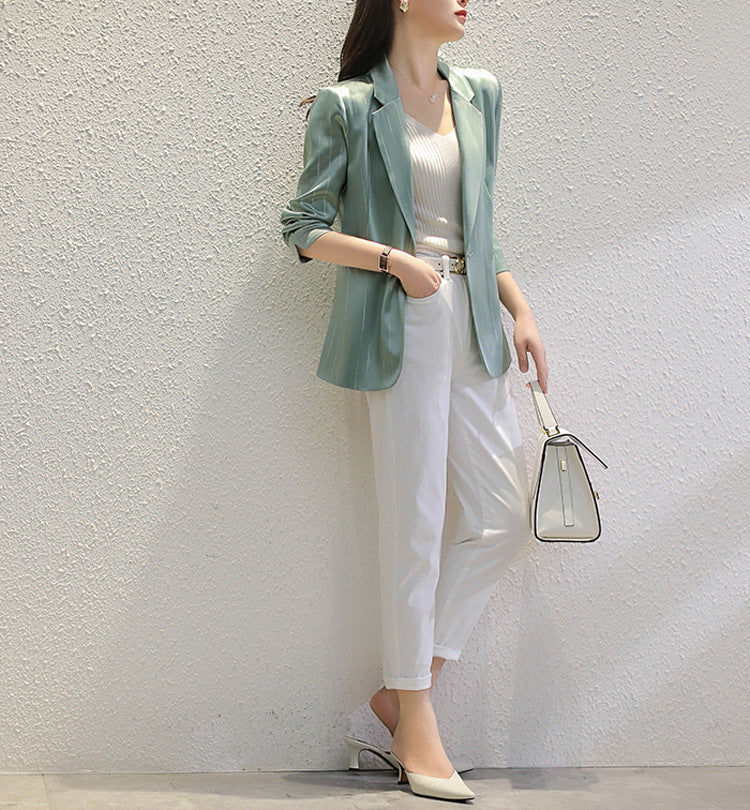 Plus Size Korean Shimmer Stripe Blazer