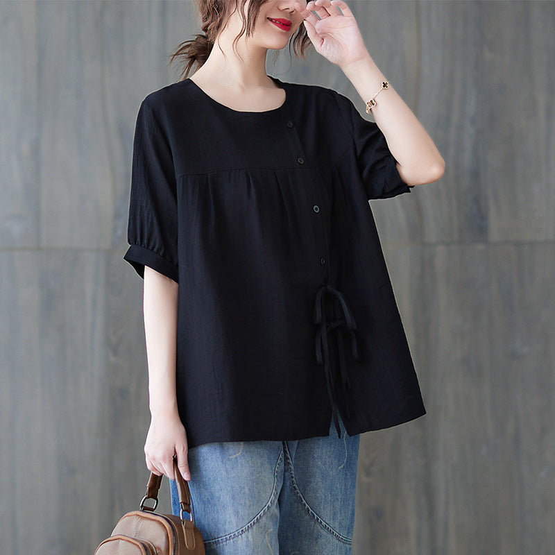 Plus Size Buttons Side Ribbon Blouse