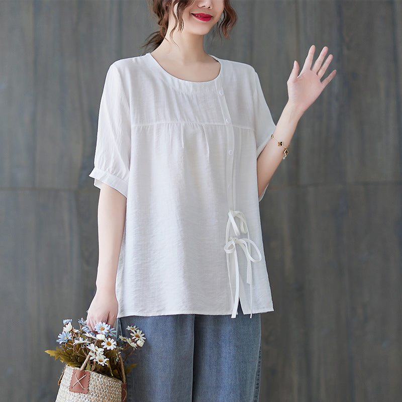 Plus Size Buttons Side Ribbon Blouse
