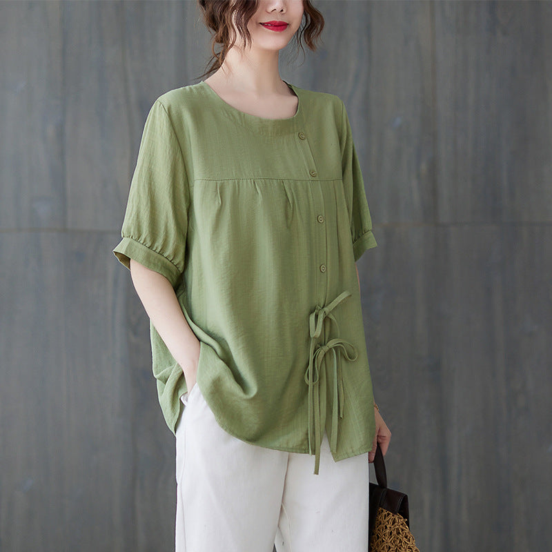 Plus Size Buttons Side Ribbon Blouse