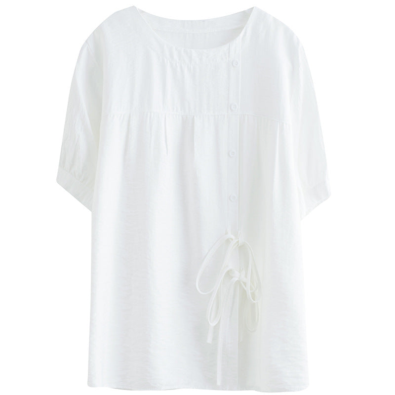 Plus Size Buttons Side Ribbon Blouse