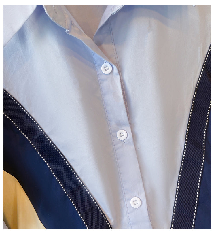Plus Size Korean Mix Media Long Sleeve Shirt