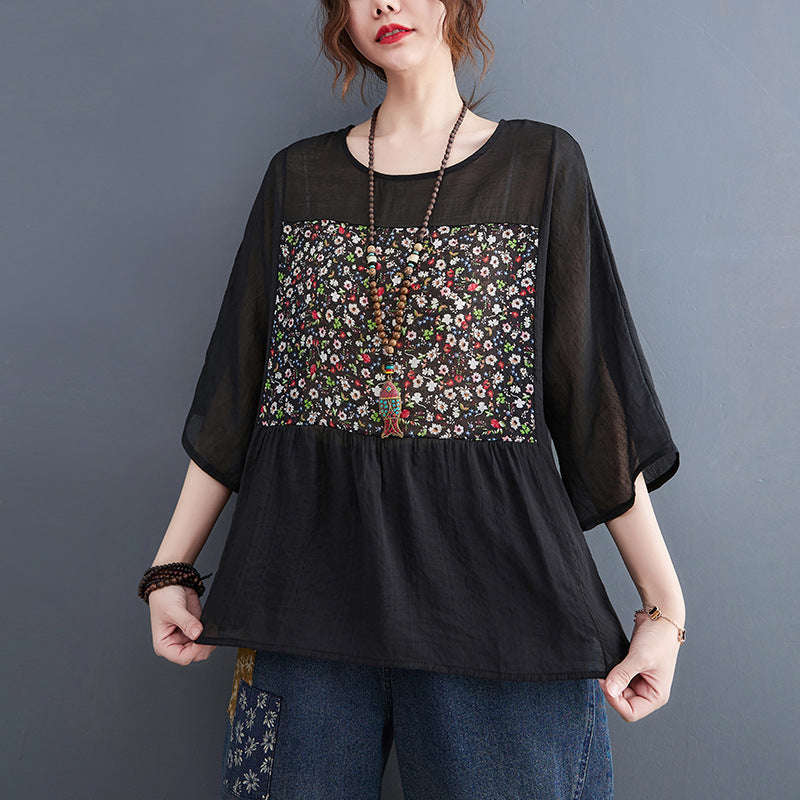 Plus Size Ethnic Patch Peplum Blouse