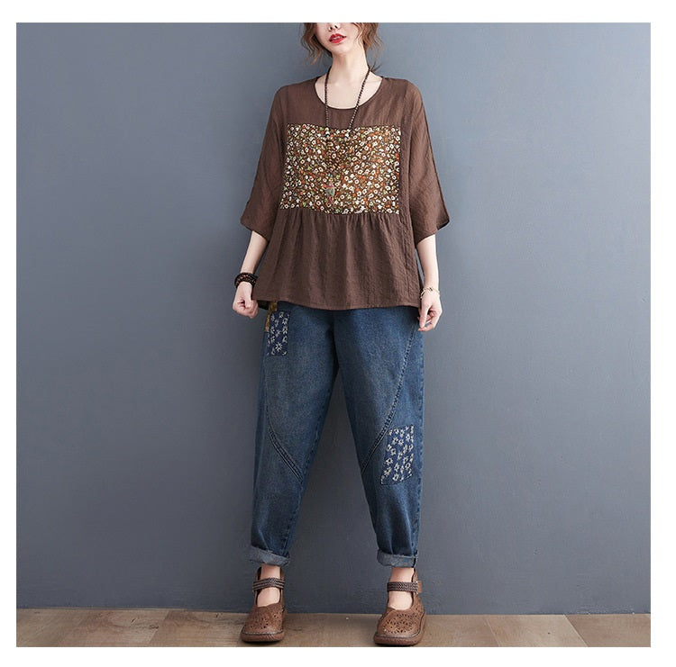 Plus Size Ethnic Patch Peplum Blouse