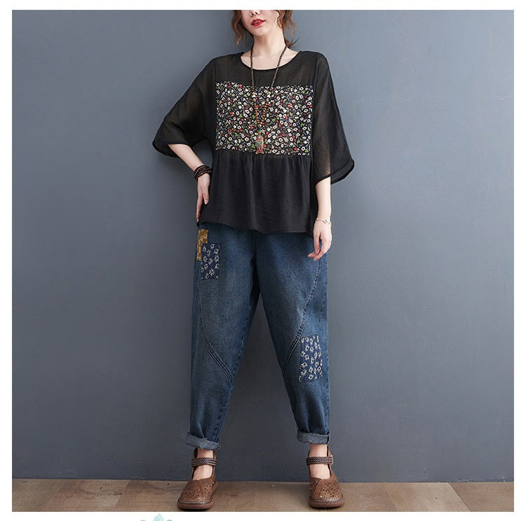 Plus Size Ethnic Patch Peplum Blouse