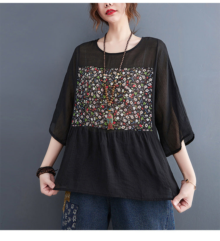 Plus Size Ethnic Patch Peplum Blouse