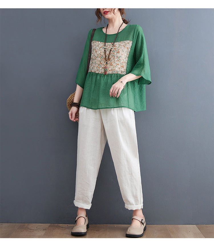 Plus Size Ethnic Patch Peplum Blouse