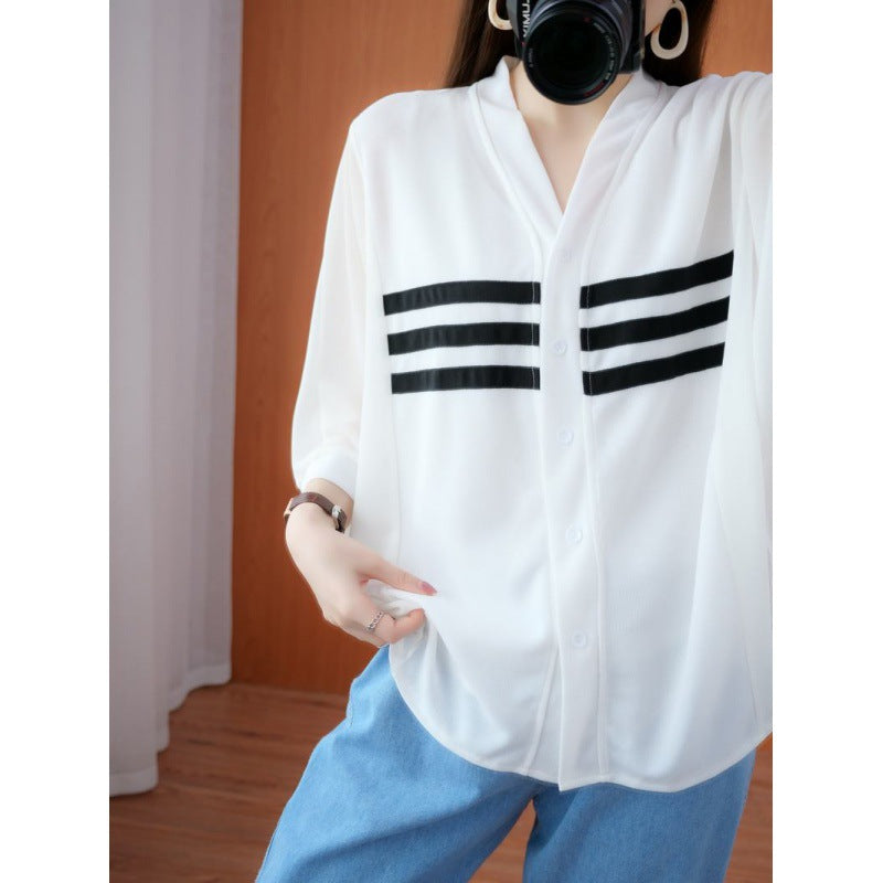 Plus Size V Neck Stripe Blouse
