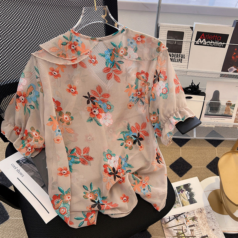 Plus Size Korean Chiffon Floral Frill Blouse