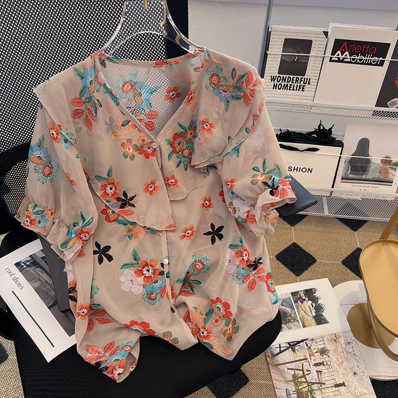 Plus Size Korean Chiffon Floral Frill Blouse