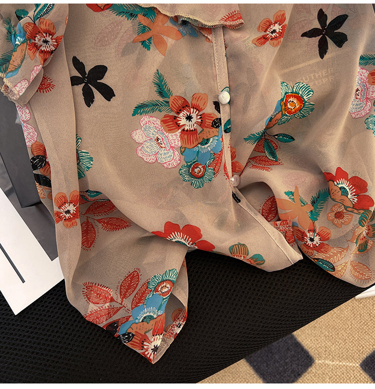 Plus Size Korean Chiffon Floral Frill Blouse