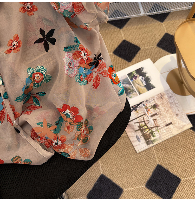 Plus Size Korean Chiffon Floral Frill Blouse