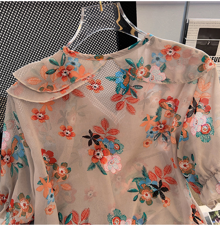 Plus Size Korean Chiffon Floral Frill Blouse