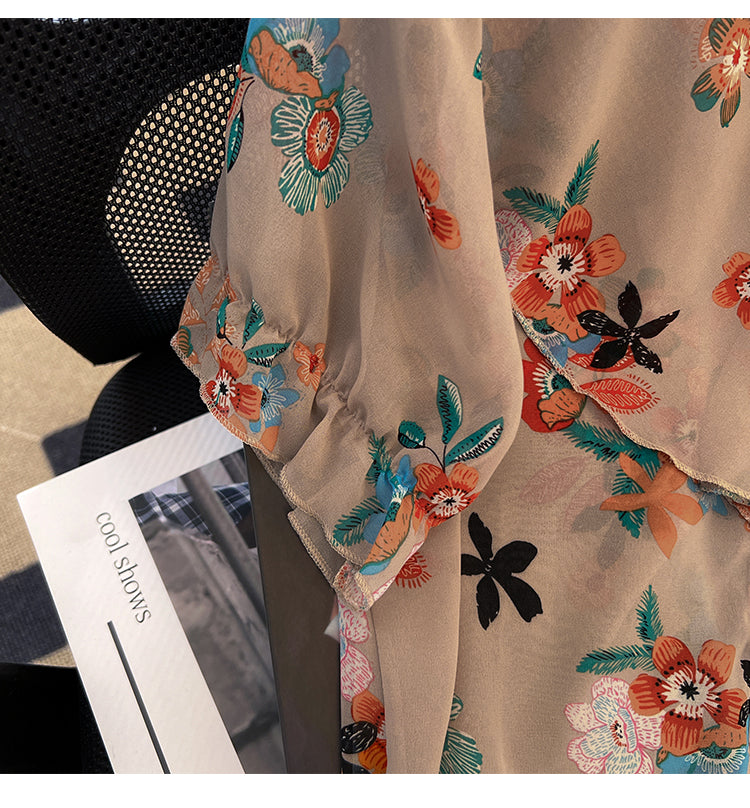 Plus Size Korean Chiffon Floral Frill Blouse