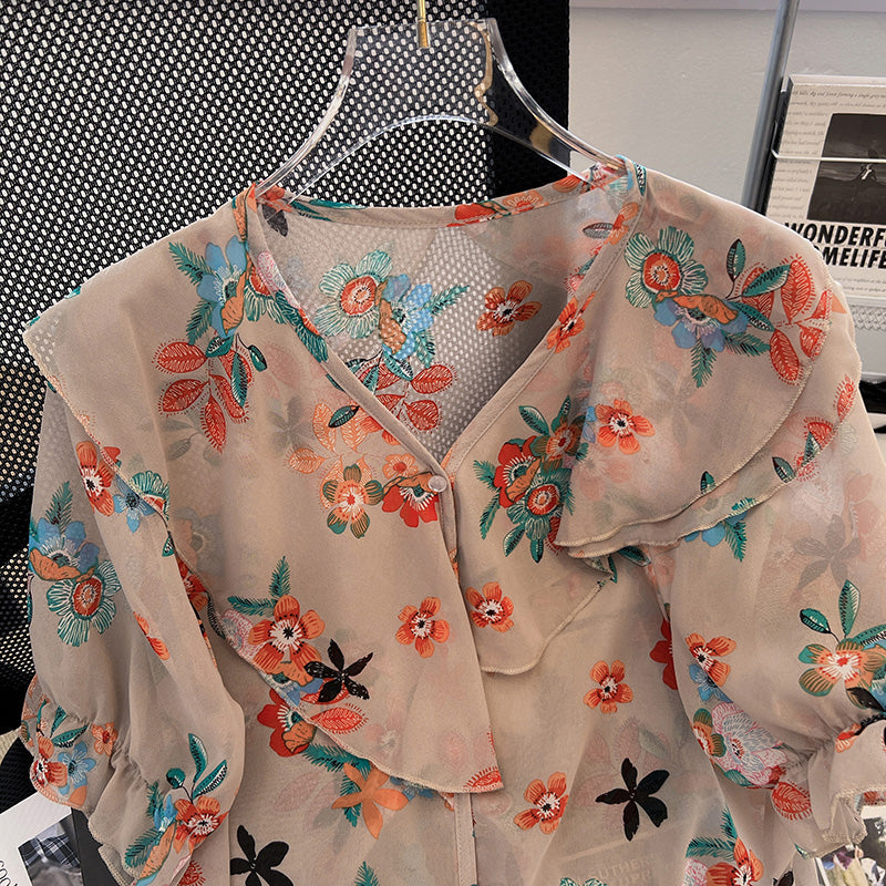 Plus Size Korean Chiffon Floral Frill Blouse