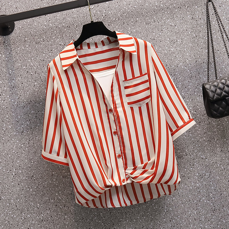 Plus Size Korean Stripe Twist Front Shirt Blouse
