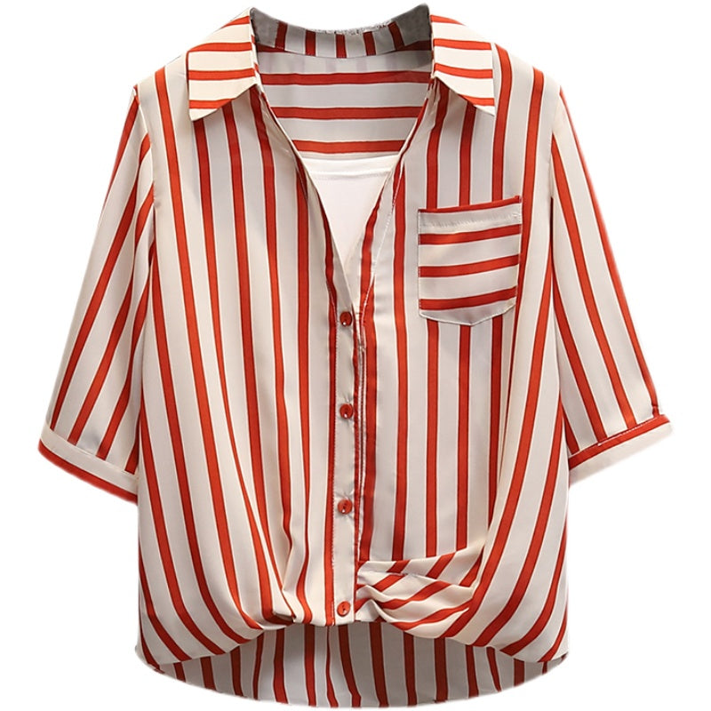 Plus Size Korean Stripe Twist Front Shirt Blouse