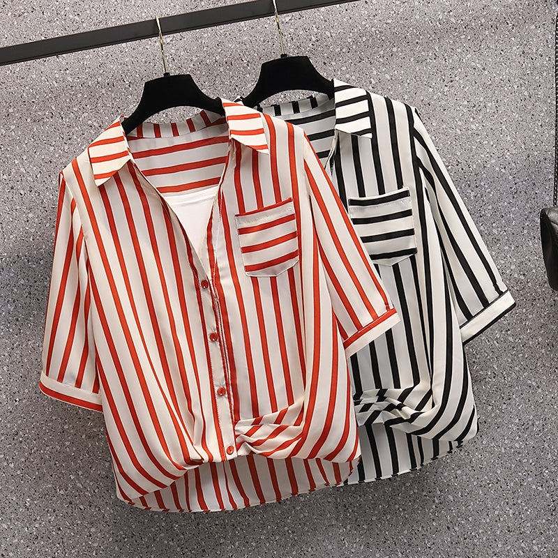 Plus Size Korean Stripe Twist Front Shirt Blouse