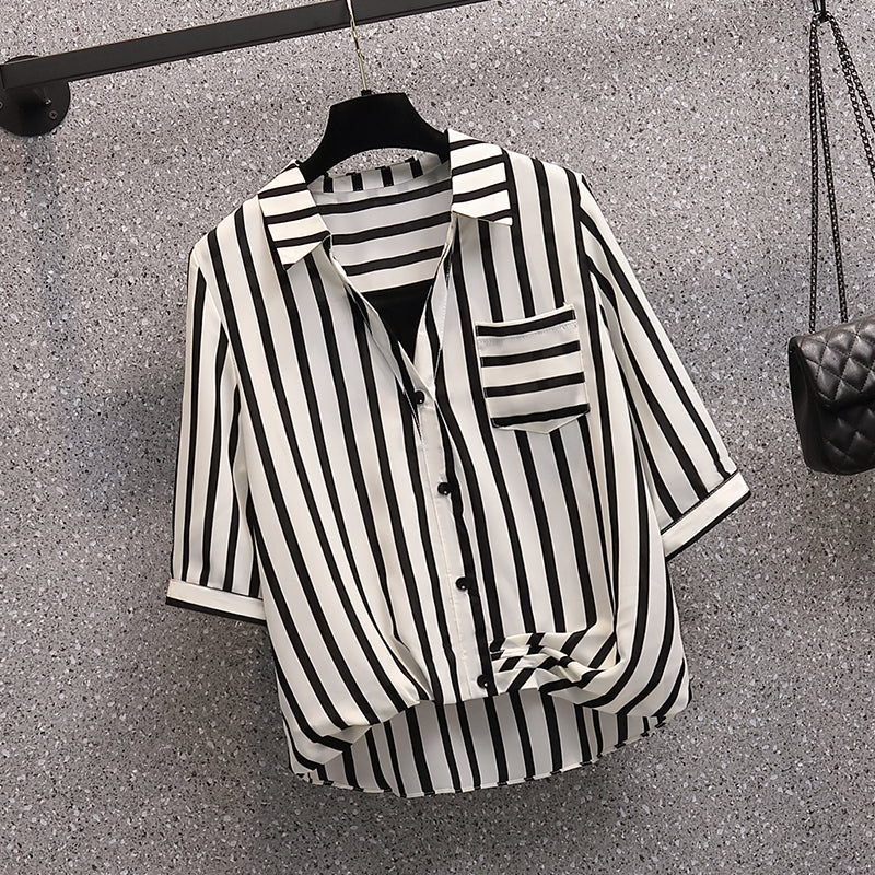 Plus Size Korean Stripe Twist Front Shirt Blouse