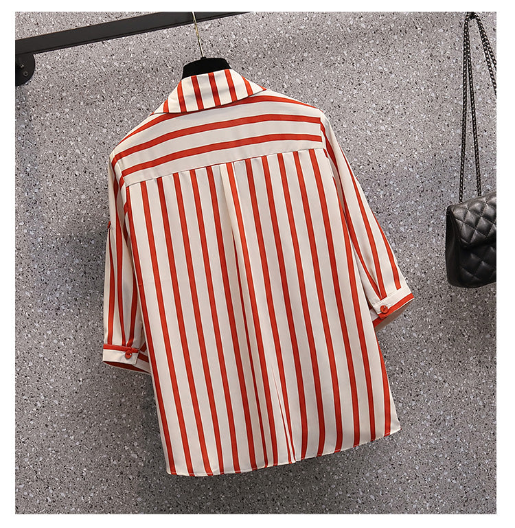 Plus Size Korean Stripe Twist Front Shirt Blouse