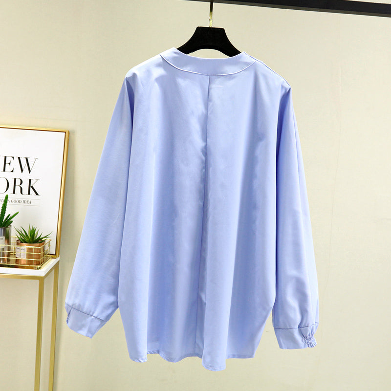 Plus Size Blue V Neck Buttons Shirt