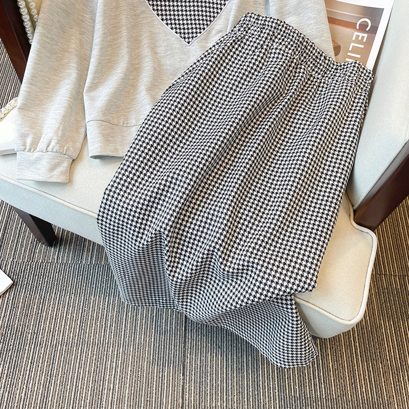 Plus Size Korean Heart Sweater and Houndstooth Midi Skirt Set