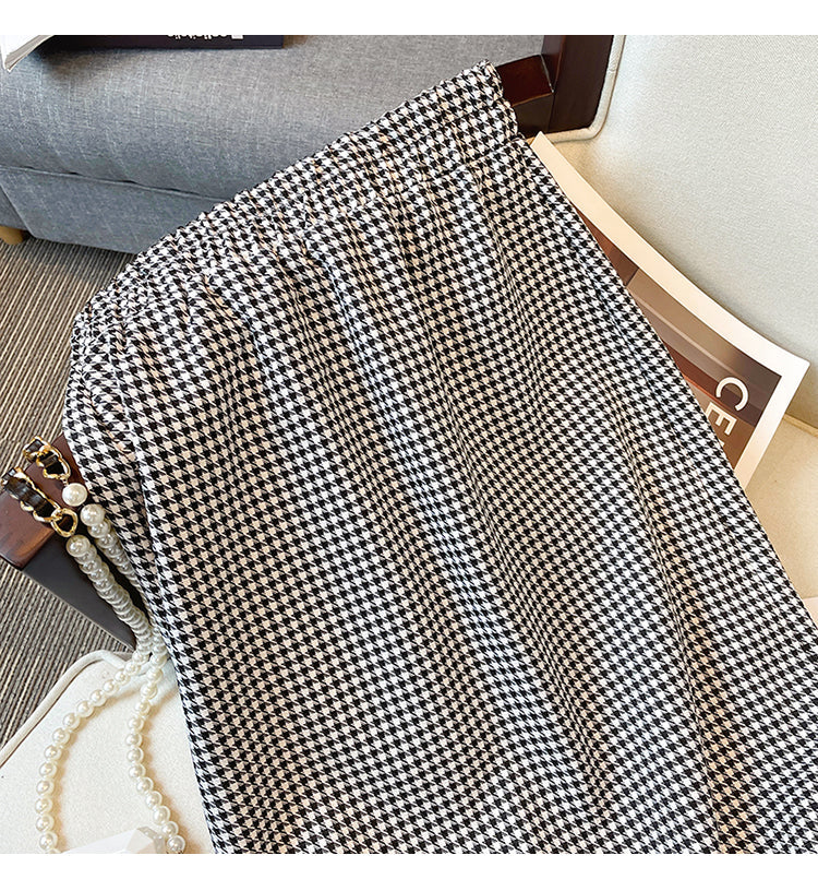Plus Size Korean Heart Sweater and Houndstooth Midi Skirt Set