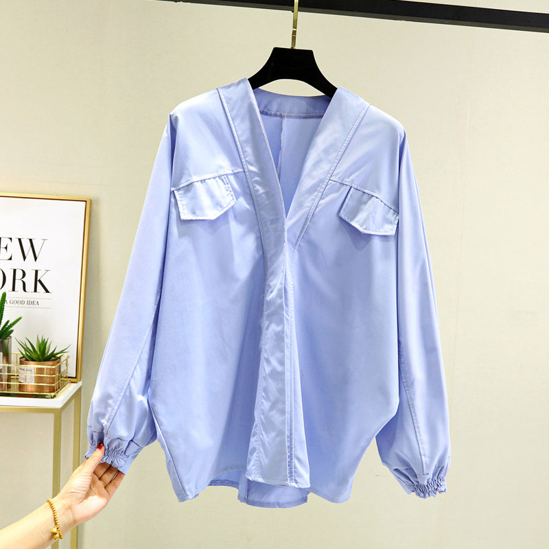 Plus Size Blue V Neck Buttons Shirt