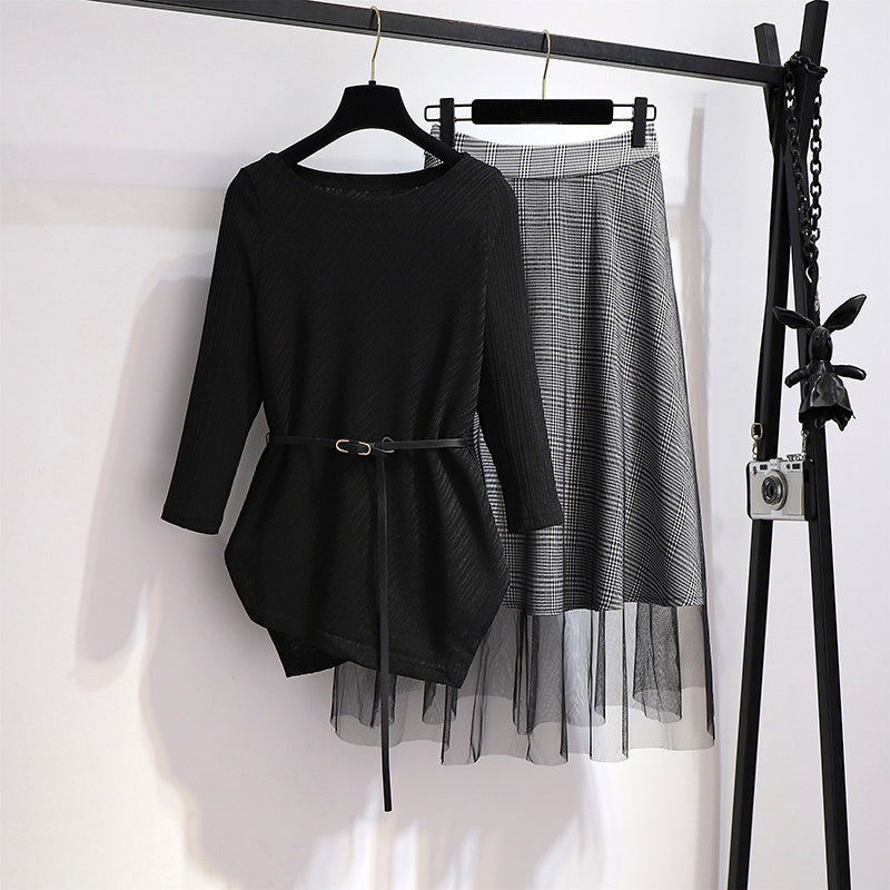 Plus Size Korean Boatneck Blouse and Plaid Tulle Midi Skirt Set