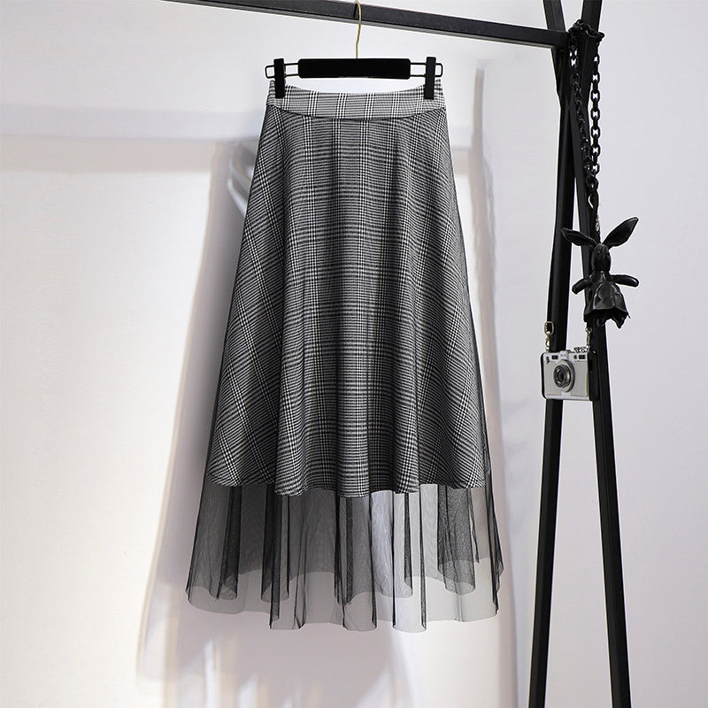 Plus Size Korean Boatneck Blouse and Plaid Tulle Midi Skirt Set