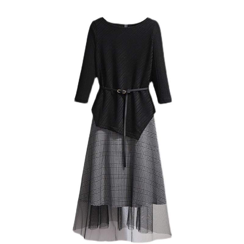 Plus Size Korean Boatneck Blouse and Plaid Tulle Midi Skirt Set