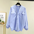 Plus Size Blue V Neck Buttons Shirt