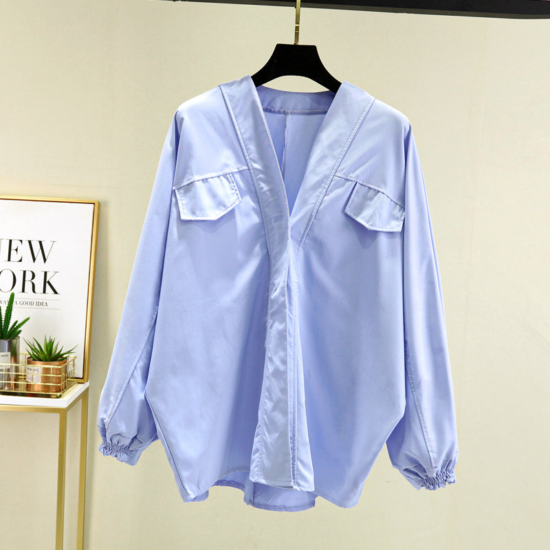 Plus Size Blue V Neck Buttons Shirt