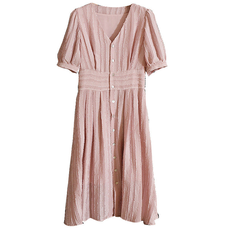 Plus Size Korean Textured Stripes V Neck Midi Dress