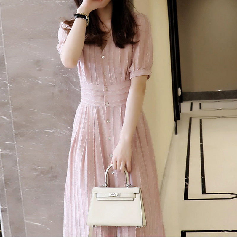 Plus Size Korean Textured Stripes V Neck Midi Dress