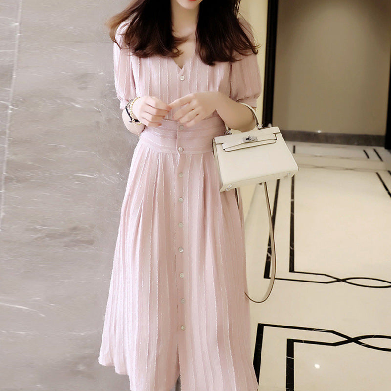 Plus Size Korean Textured Stripes V Neck Midi Dress