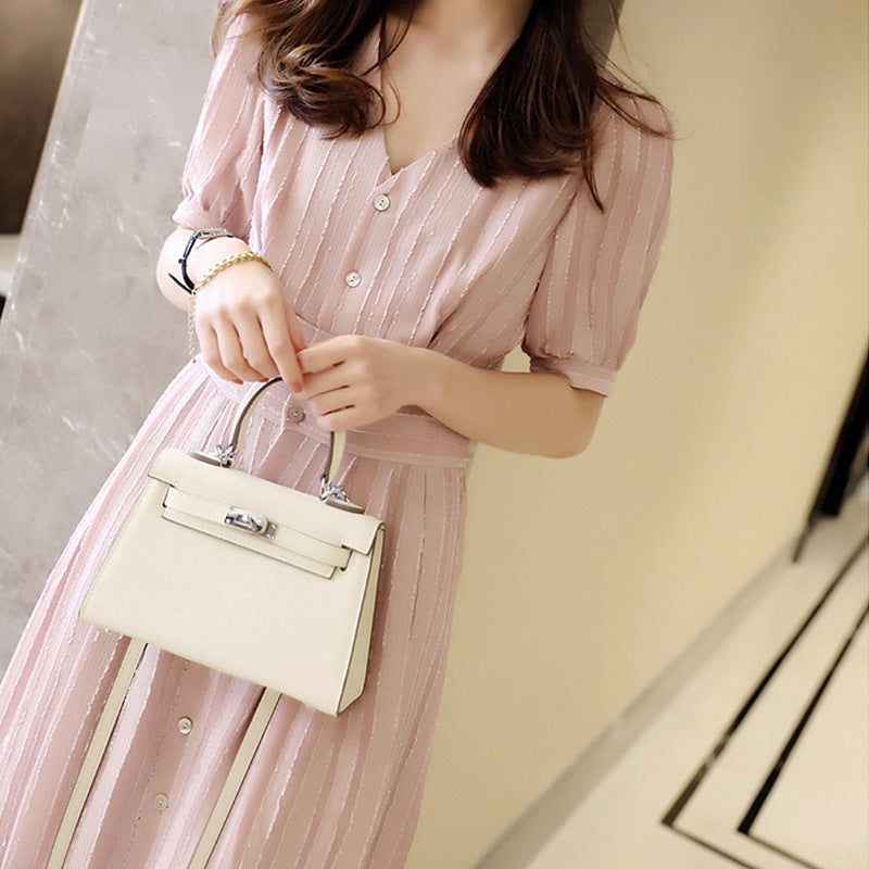 Plus Size Korean Textured Stripes V Neck Midi Dress
