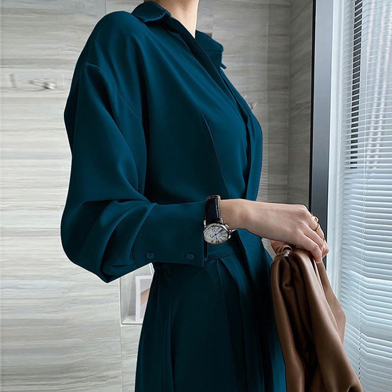 Plus Size Korean Wrap Trench Mid Sleeve Midi Shirt Dress