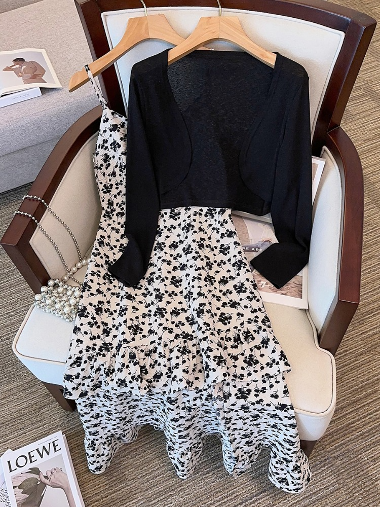Plus Size Korean Cropped Black Cardigan And White Floral Cami Dress Set