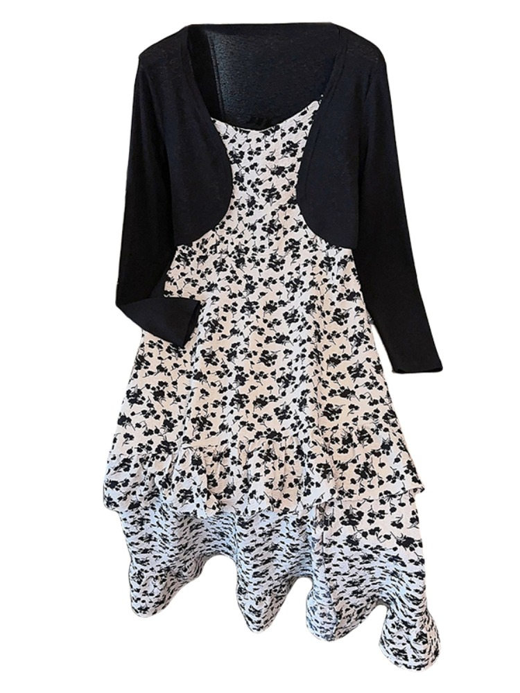 Plus Size Korean Cropped Black Cardigan And White Floral Cami Dress Set