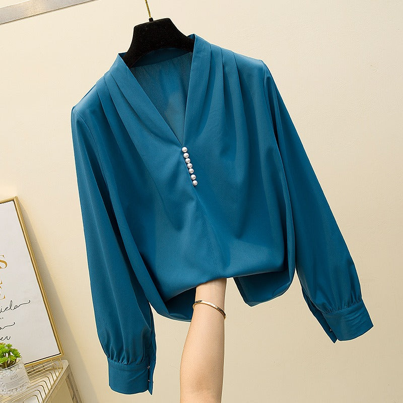 Plus Size Pearl Buttons V Neck Long Sleeve Blouse
