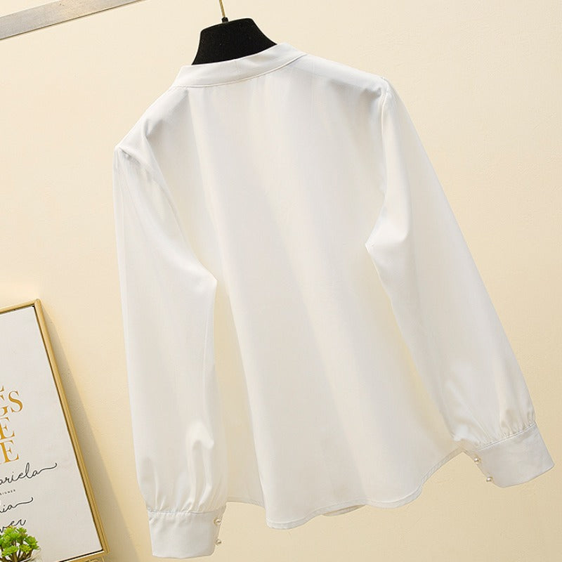 Plus Size Pearl Buttons V Neck Long Sleeve Blouse